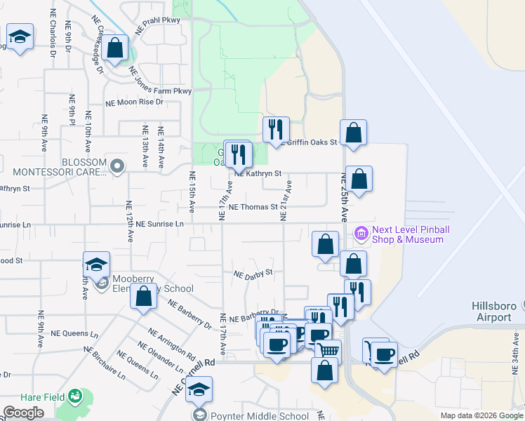 map of restaurants, bars, coffee shops, grocery stores, and more near 1920 Northeast Thomas Street in Hillsboro