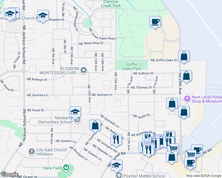 map of restaurants, bars, coffee shops, grocery stores, and more near 1459 Northeast Sunrise Lane in Hillsboro