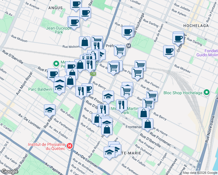 map of restaurants, bars, coffee shops, grocery stores, and more near 2717 Rue Hochelaga in Montréal