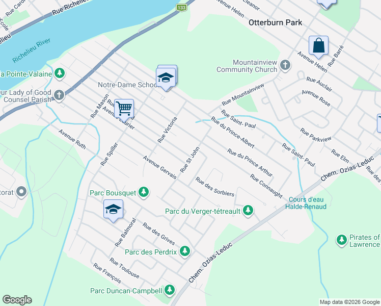 map of restaurants, bars, coffee shops, grocery stores, and more near 911 Rue Saint John in Otterburn Park
