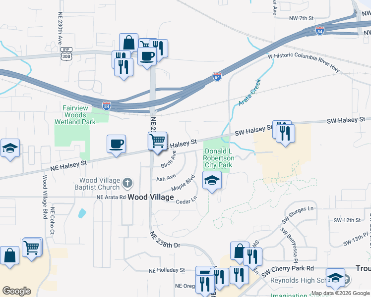map of restaurants, bars, coffee shops, grocery stores, and more near 103 Elm Avenue in Wood Village