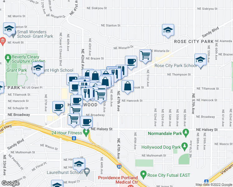 map of restaurants, bars, coffee shops, grocery stores, and more near 1925 Northeast 46th Avenue in Portland