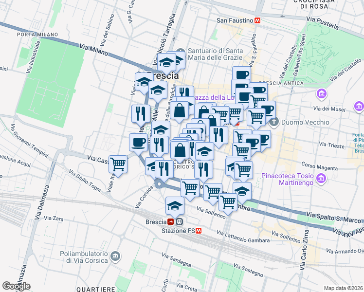 map of restaurants, bars, coffee shops, grocery stores, and more near 5 Via Fratelli Bronzetti in Brescia