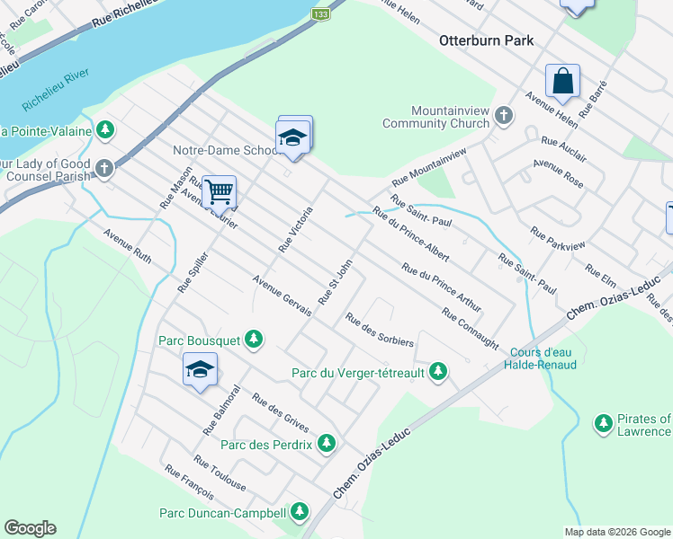 map of restaurants, bars, coffee shops, grocery stores, and more near 911 Rue Saint John in Otterburn Park