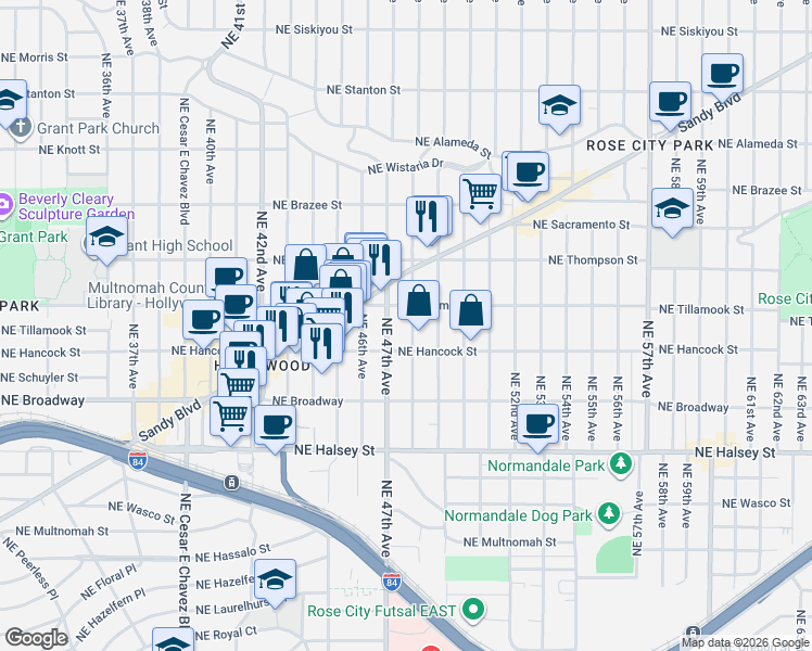 map of restaurants, bars, coffee shops, grocery stores, and more near 2005 Northeast 48th Avenue in Portland