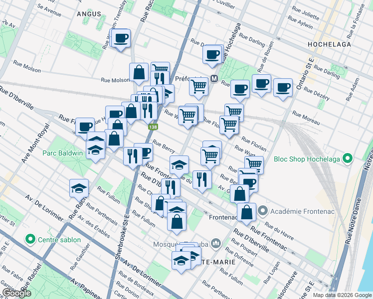 map of restaurants, bars, coffee shops, grocery stores, and more near 2744 Rue Hochelaga in Montréal