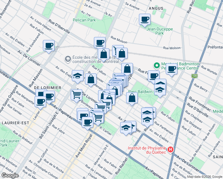 map of restaurants, bars, coffee shops, grocery stores, and more near 4570 Rue Messier in Montréal