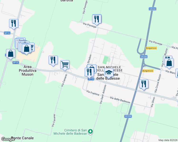 map of restaurants, bars, coffee shops, grocery stores, and more near 372 Via Desman in Borgoricco