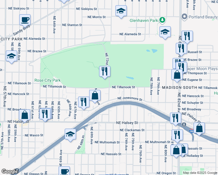 map of restaurants, bars, coffee shops, grocery stores, and more near NE 72nd Dr & NE Tillamook St in Portland