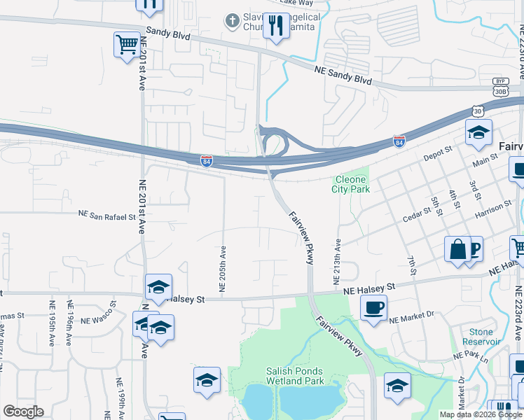 map of restaurants, bars, coffee shops, grocery stores, and more near 2150 Northeast 207th Place in Fairview