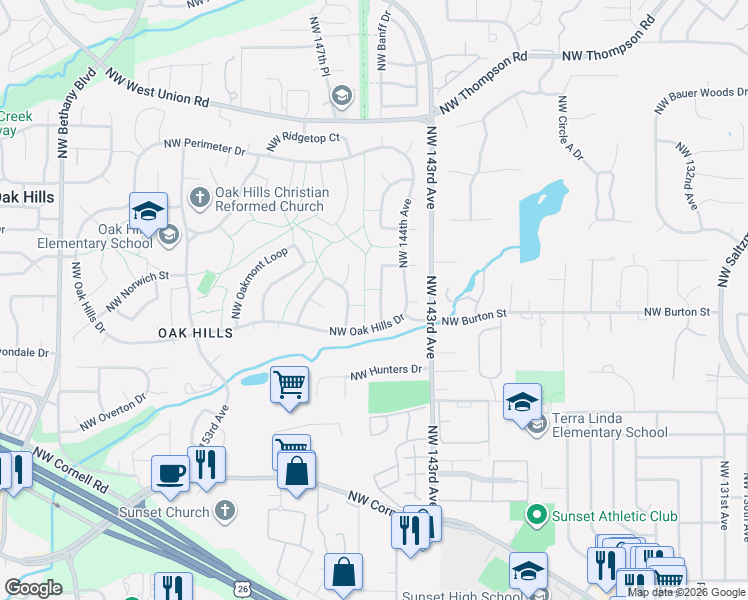 map of restaurants, bars, coffee shops, grocery stores, and more near 2405 Northwest 145th Avenue in Beaverton