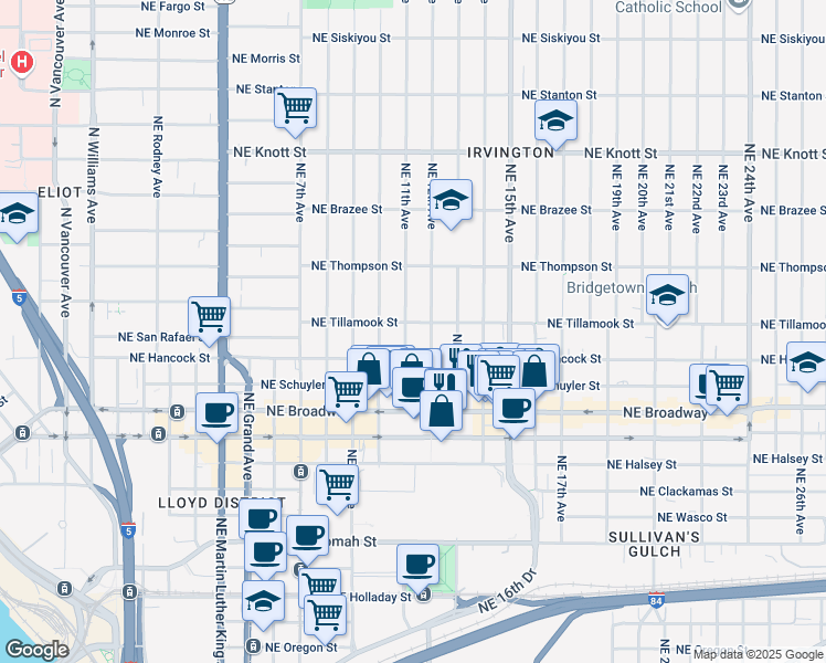 map of restaurants, bars, coffee shops, grocery stores, and more near 2060 Northeast 11th Avenue in Portland