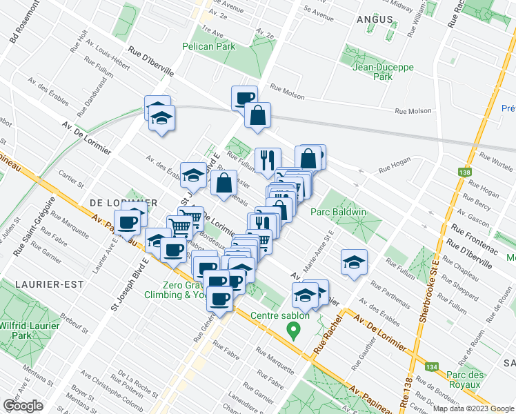 map of restaurants, bars, coffee shops, grocery stores, and more near 4621 Rue Parthenais in Montréal