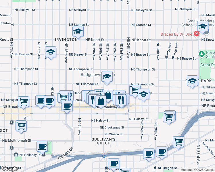 map of restaurants, bars, coffee shops, grocery stores, and more near 2120 Northeast Tillamook Street in Portland