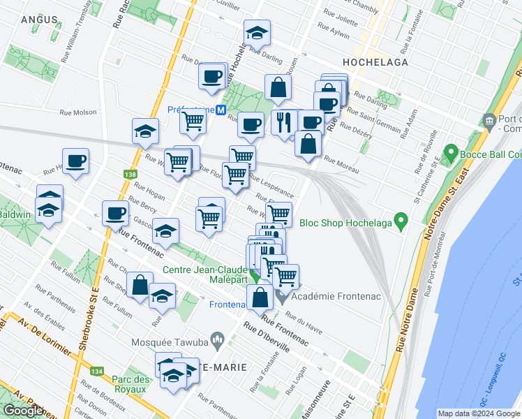 map of restaurants, bars, coffee shops, grocery stores, and more near 2127 Rue Wurtele in Montréal