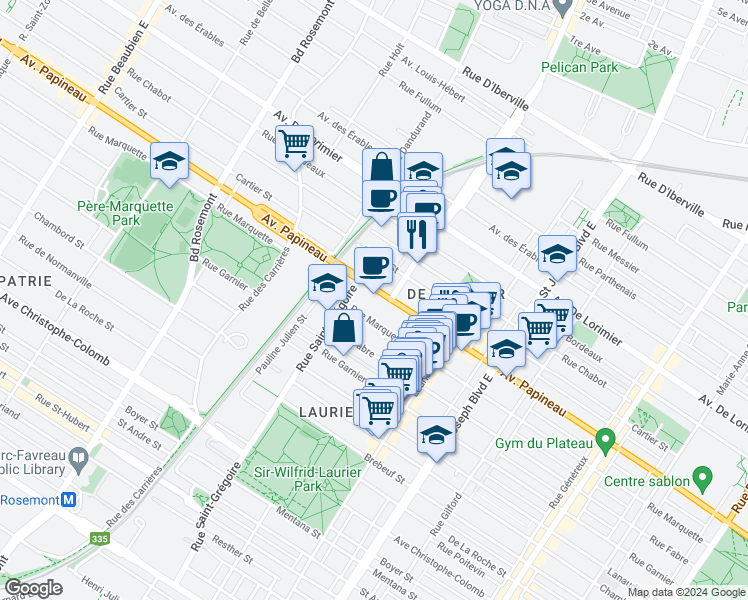 map of restaurants, bars, coffee shops, grocery stores, and more near 5376 Avenue Papineau in Montréal