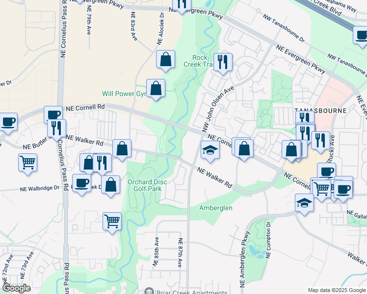 map of restaurants, bars, coffee shops, grocery stores, and more near 2451 Northeast John Olsen Avenue in Hillsboro