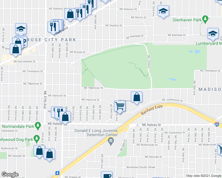 map of restaurants, bars, coffee shops, grocery stores, and more near 6636 Northeast Tillamook Street in Portland