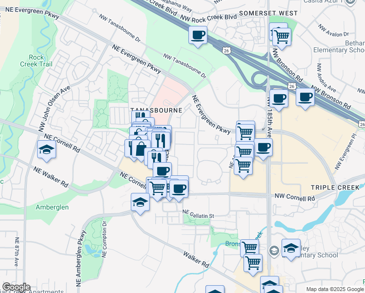 map of restaurants, bars, coffee shops, grocery stores, and more near 2120 Northeast Thorncroft Drive in Hillsboro