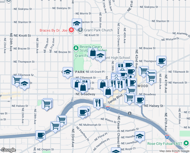 map of restaurants, bars, coffee shops, grocery stores, and more near 3553 Northeast Tillamook Street in Portland