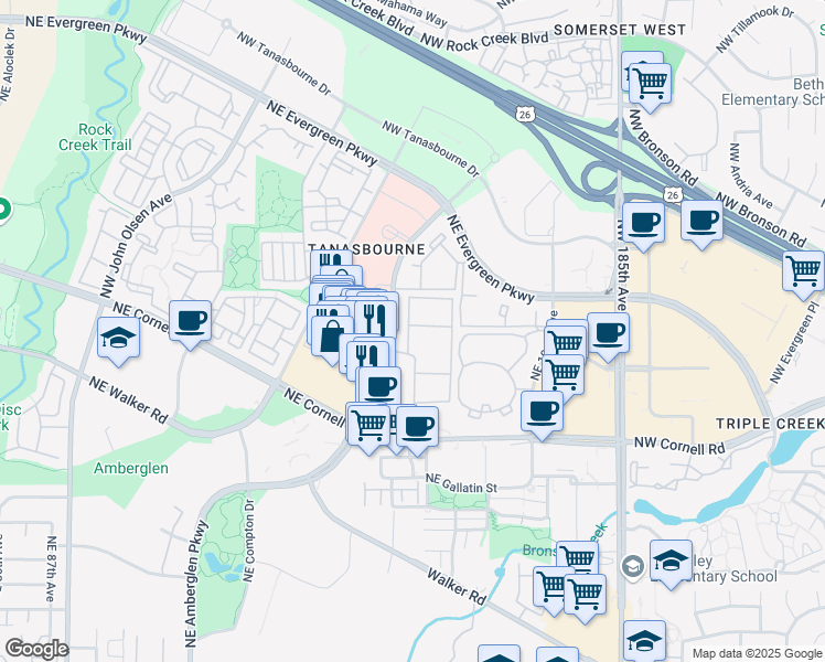 map of restaurants, bars, coffee shops, grocery stores, and more near 2174 Northeast Thorncroft Drive in Hillsboro