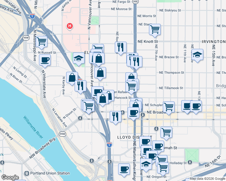 map of restaurants, bars, coffee shops, grocery stores, and more near 57 Northeast Hancock Street in Portland