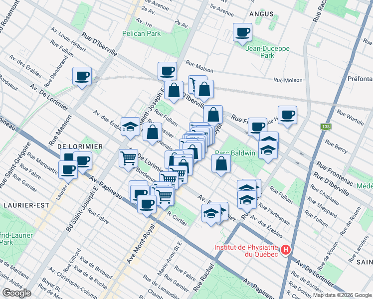 map of restaurants, bars, coffee shops, grocery stores, and more near 4570 Rue Messier in Montréal