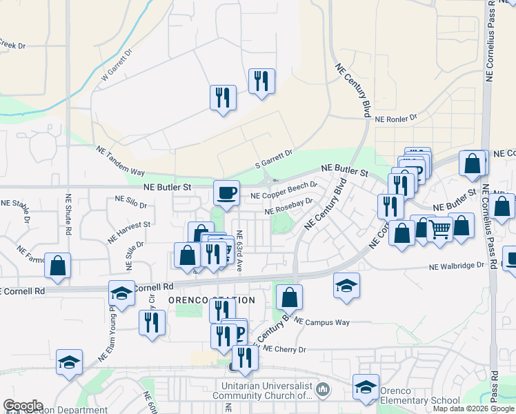 map of restaurants, bars, coffee shops, grocery stores, and more near 1692 Northeast 64th Avenue in Hillsboro