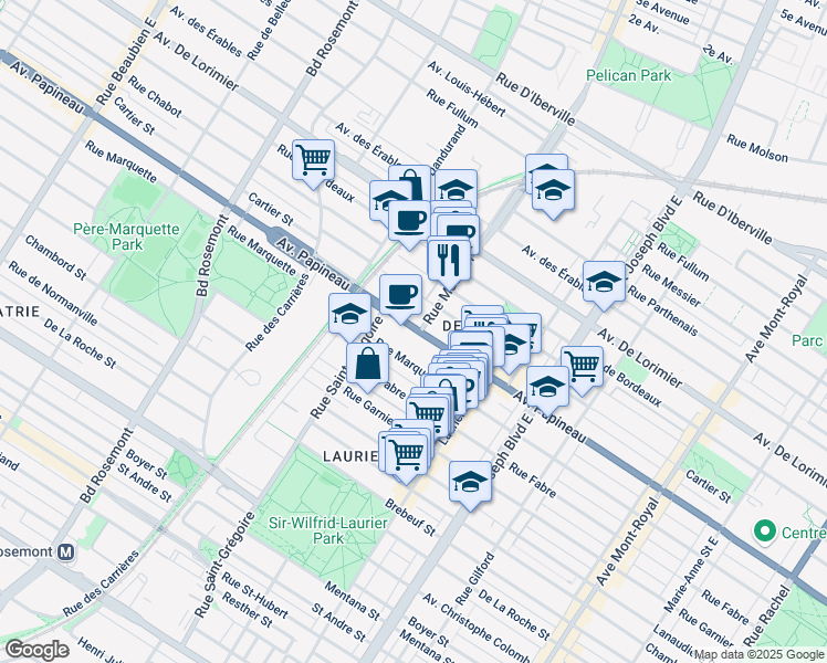 map of restaurants, bars, coffee shops, grocery stores, and more near 5350 Avenue Papineau in Montreal