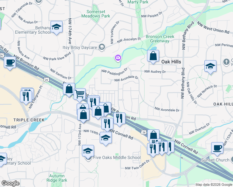 map of restaurants, bars, coffee shops, grocery stores, and more near 2458 Northwest 168th Place in Beaverton