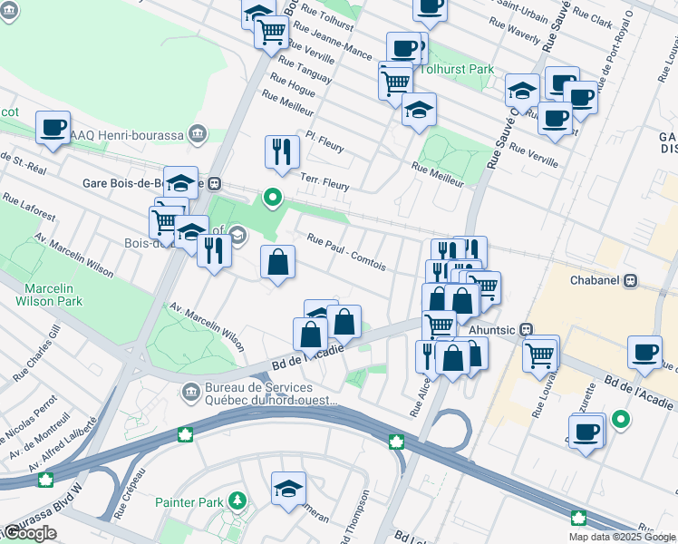 map of restaurants, bars, coffee shops, grocery stores, and more near 10229 Avenue de Bois-de-Boulogne in Montreal