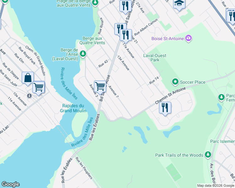 map of restaurants, bars, coffee shops, grocery stores, and more near 7401 7e Av in Laval