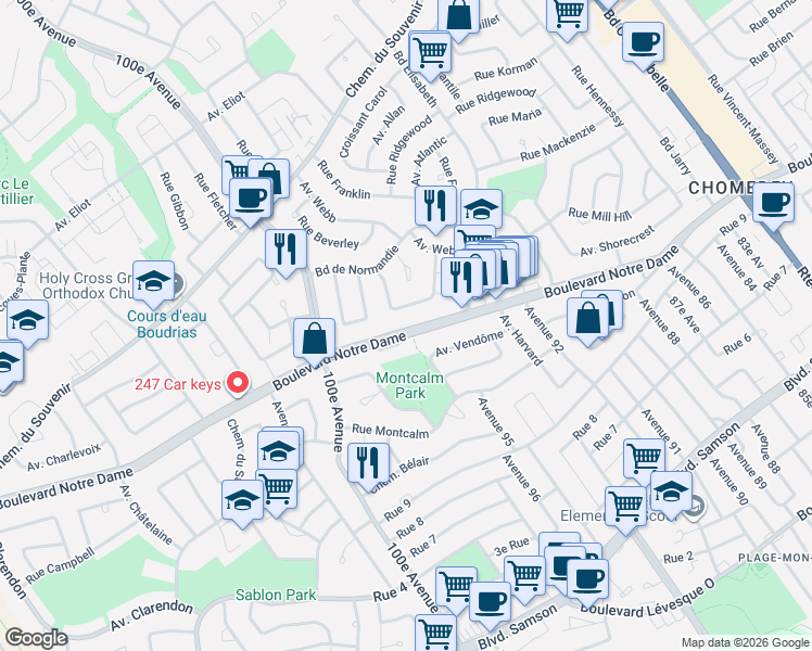 map of restaurants, bars, coffee shops, grocery stores, and more near 4513 Boulevard Notre-Dame in Laval