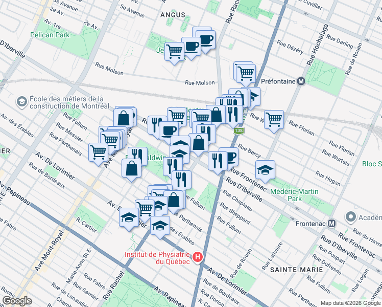 map of restaurants, bars, coffee shops, grocery stores, and more near in Montréal