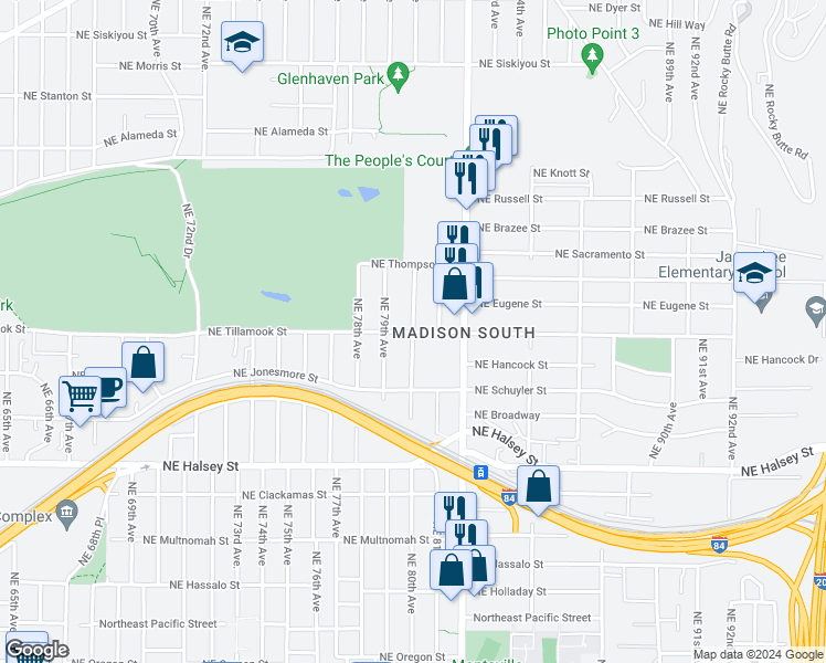 map of restaurants, bars, coffee shops, grocery stores, and more near NE Tillamook St & NE 80th Ave in Portland