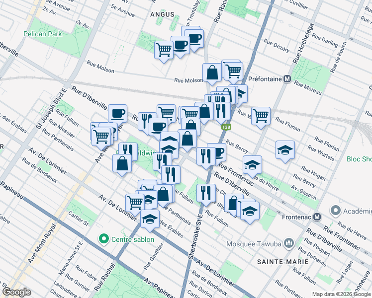 map of restaurants, bars, coffee shops, grocery stores, and more near 2525 Rue Rachel Est in Montréal