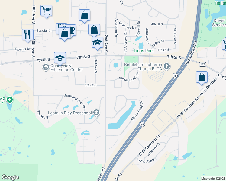 map of restaurants, bars, coffee shops, grocery stores, and more near 1023 Diamond Willow Circle in Waite Park