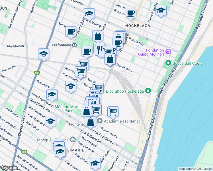 map of restaurants, bars, coffee shops, grocery stores, and more near 2910 Rue Ontario Est in Montréal