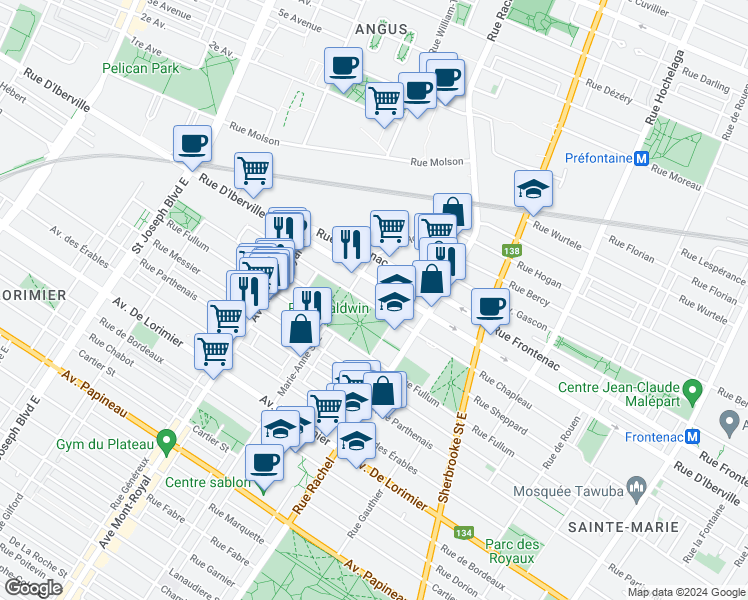 map of restaurants, bars, coffee shops, grocery stores, and more near 4295 Rue Chapleau in Montréal