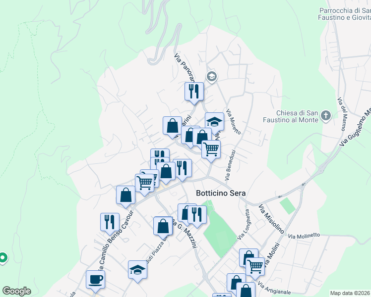 map of restaurants, bars, coffee shops, grocery stores, and more near Via Vincenzo Bellini in Botticino