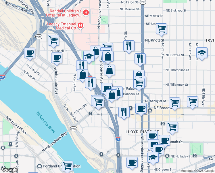 map of restaurants, bars, coffee shops, grocery stores, and more near 1931 North Williams Avenue in Portland