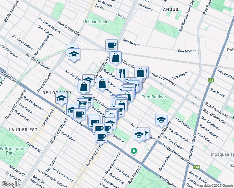 map of restaurants, bars, coffee shops, grocery stores, and more near 4623 Rue Parthenais in Montréal