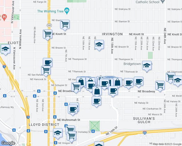 map of restaurants, bars, coffee shops, grocery stores, and more near 1110 Northeast Tillamook Street in Portland