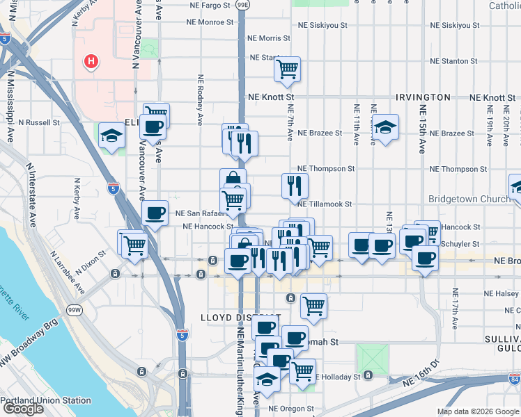 map of restaurants, bars, coffee shops, grocery stores, and more near 503 Northeast San Rafael Street in Portland