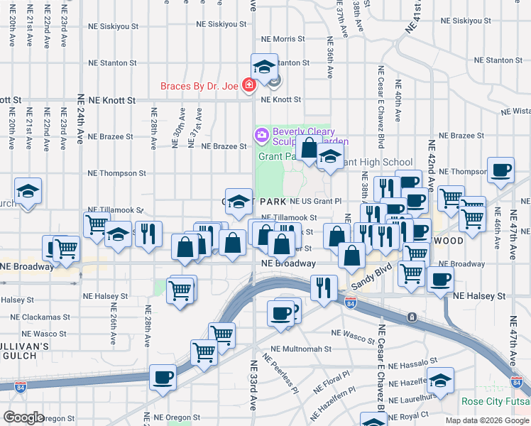 map of restaurants, bars, coffee shops, grocery stores, and more near 3344 Northeast Tillamook Street in Portland