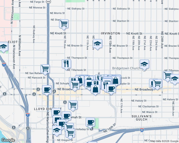 map of restaurants, bars, coffee shops, grocery stores, and more near 1110 Northeast Tillamook Street in Portland