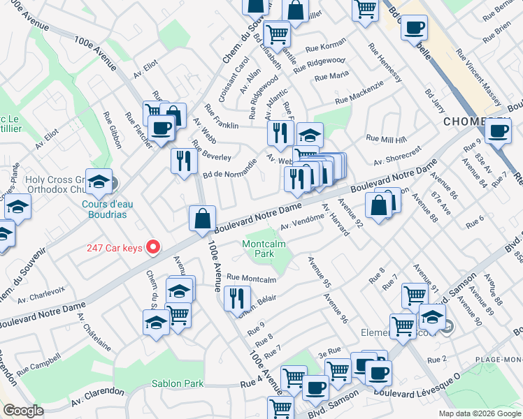 map of restaurants, bars, coffee shops, grocery stores, and more near 4513 Boulevard Notre-Dame in Laval