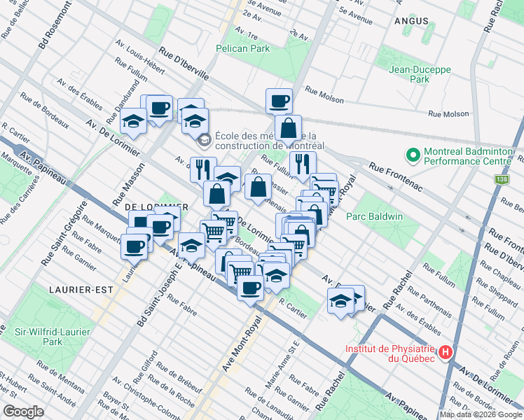 map of restaurants, bars, coffee shops, grocery stores, and more near 4735 Avenue des Érables in Montréal