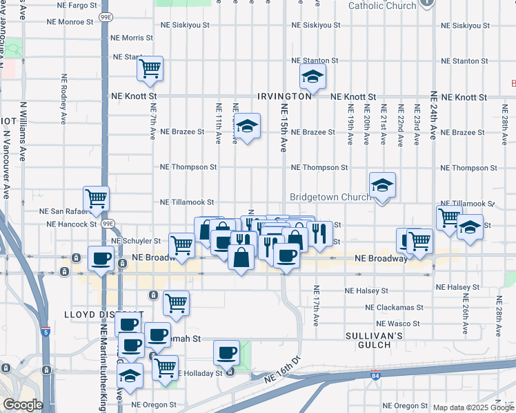 map of restaurants, bars, coffee shops, grocery stores, and more near 1312 Northeast Tillamook Street in Portland