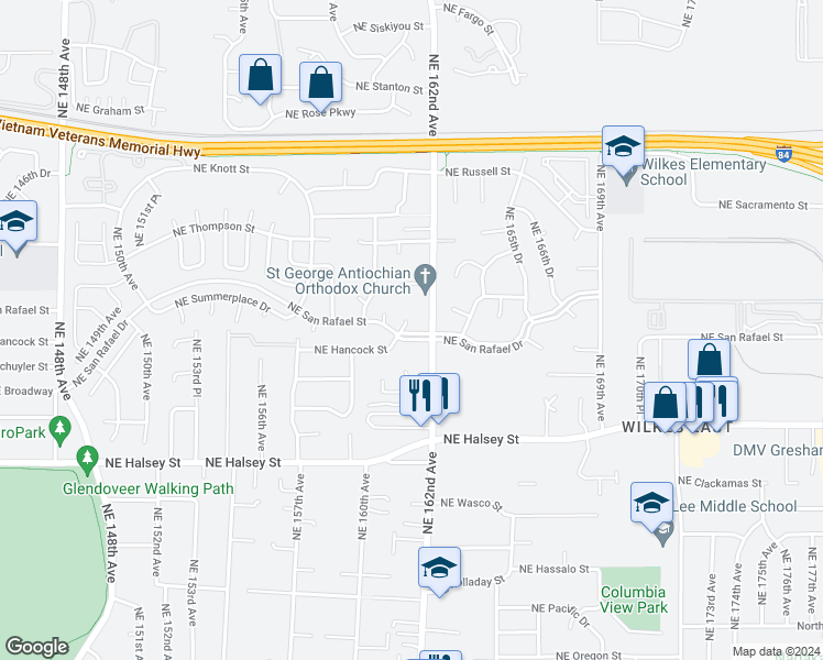 map of restaurants, bars, coffee shops, grocery stores, and more near 16136 Northeast San Rafael Street in Portland